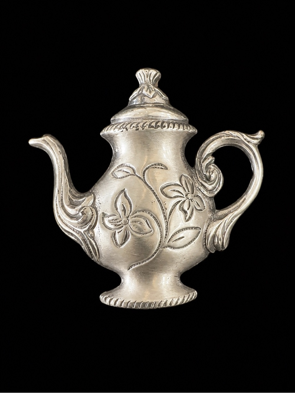 Vintage Sterling Silver Teapot Brooch Pin | Floral Tea Pot Novelty Mid-Century